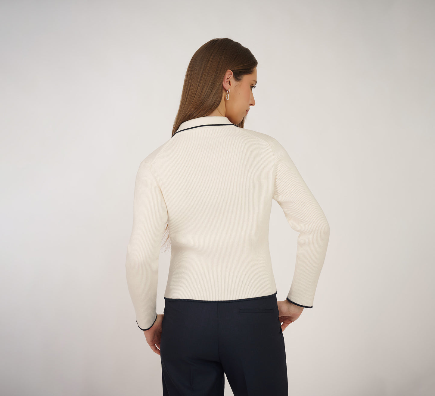 Ivory Ribbed Polo with Navy Detailing