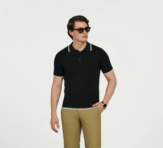 Black Ribbed Polo With Contrast Piping