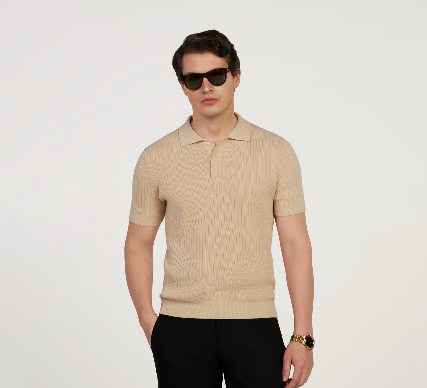Beige Ribbed Mercerised Polo