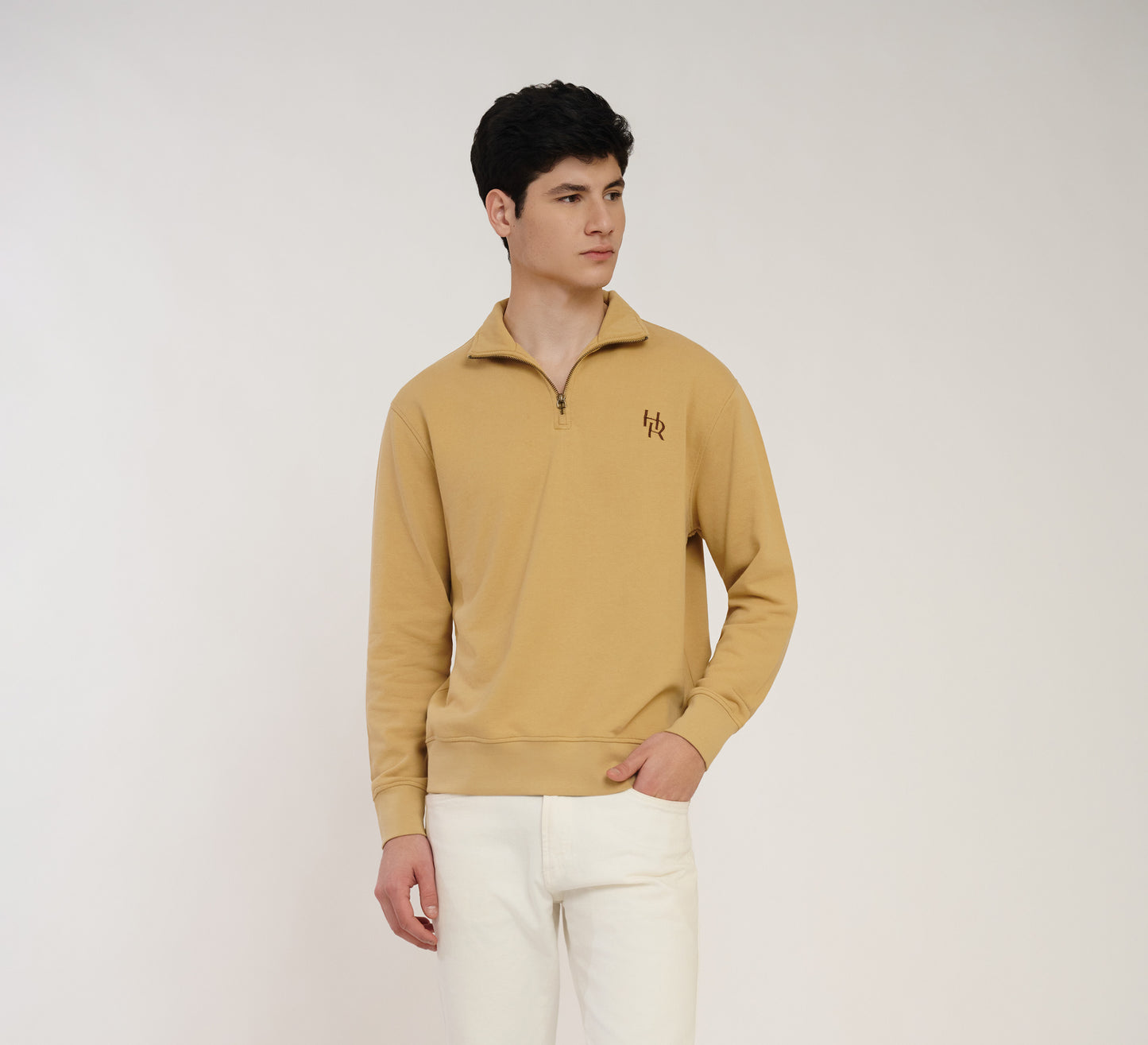 Beige Embroidered Quarter Zip