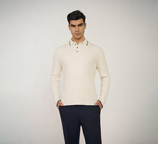 Ivory Ribbed Polo with Navy Detailing