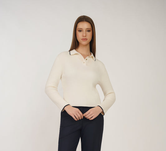 Ivory Ribbed Polo with Navy Detailing