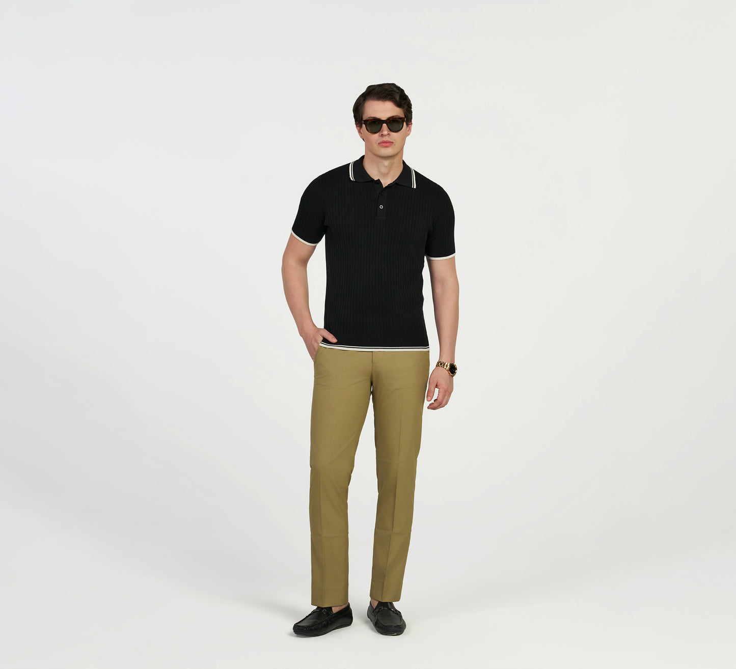 Black Ribbed Polo With Contrast Piping
