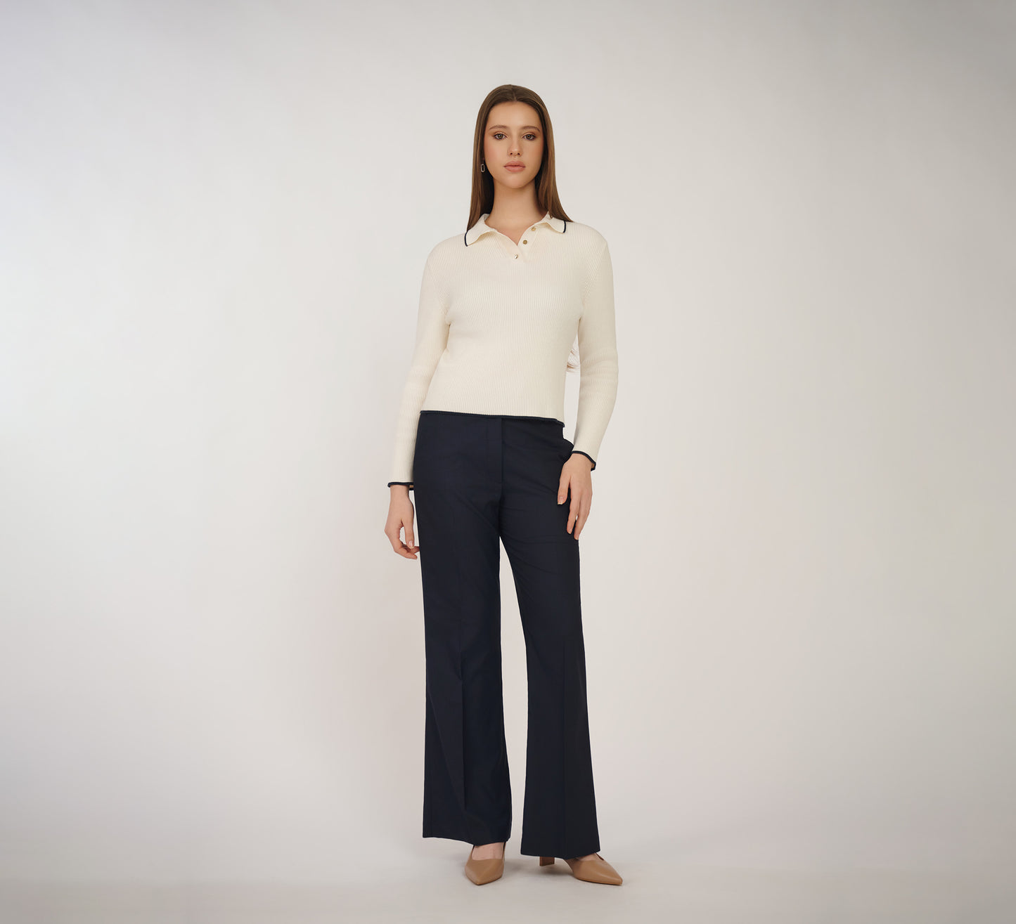 Ivory Ribbed Polo with Navy Detailing