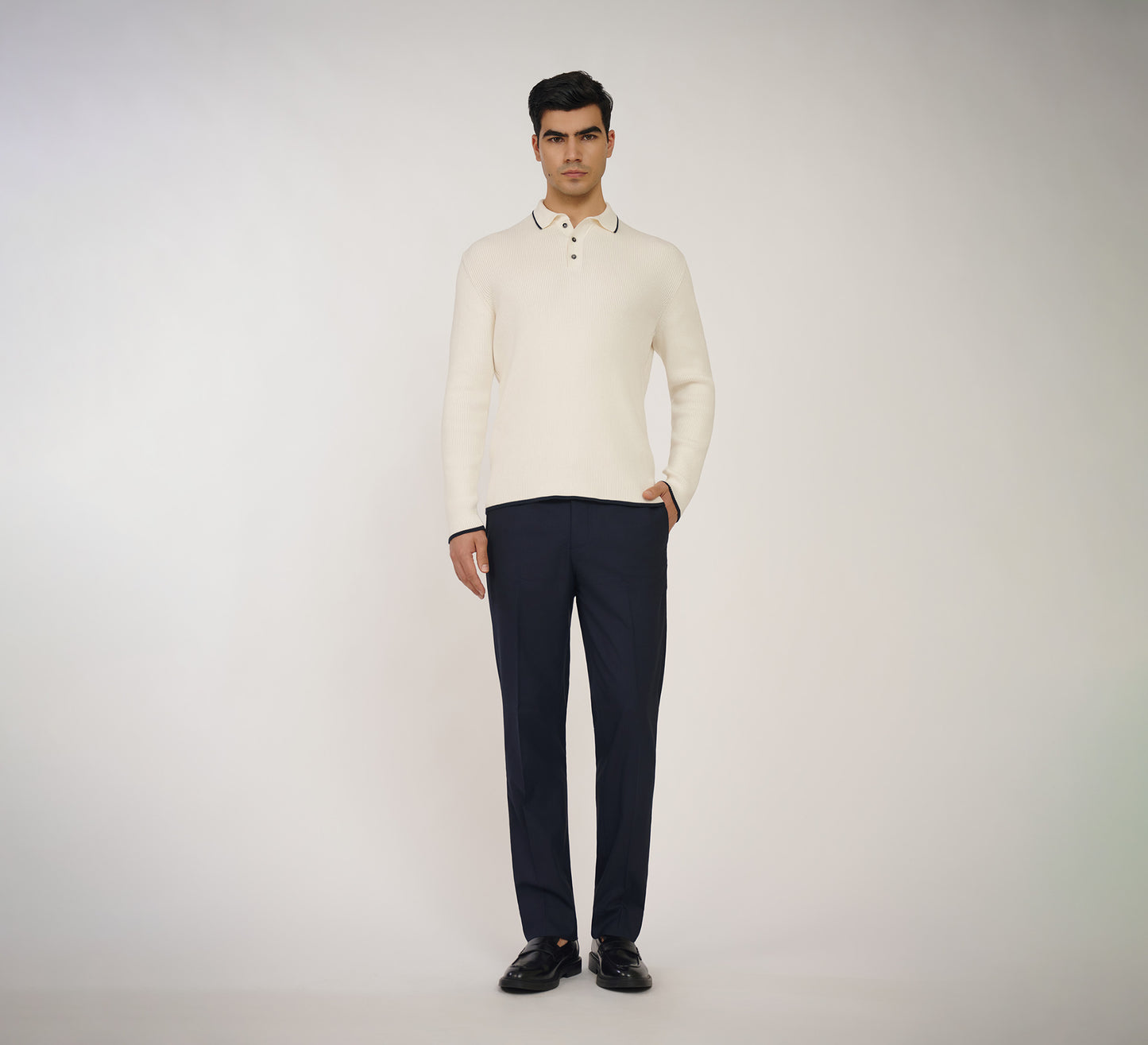 Ivory Ribbed Polo with Navy Detailing