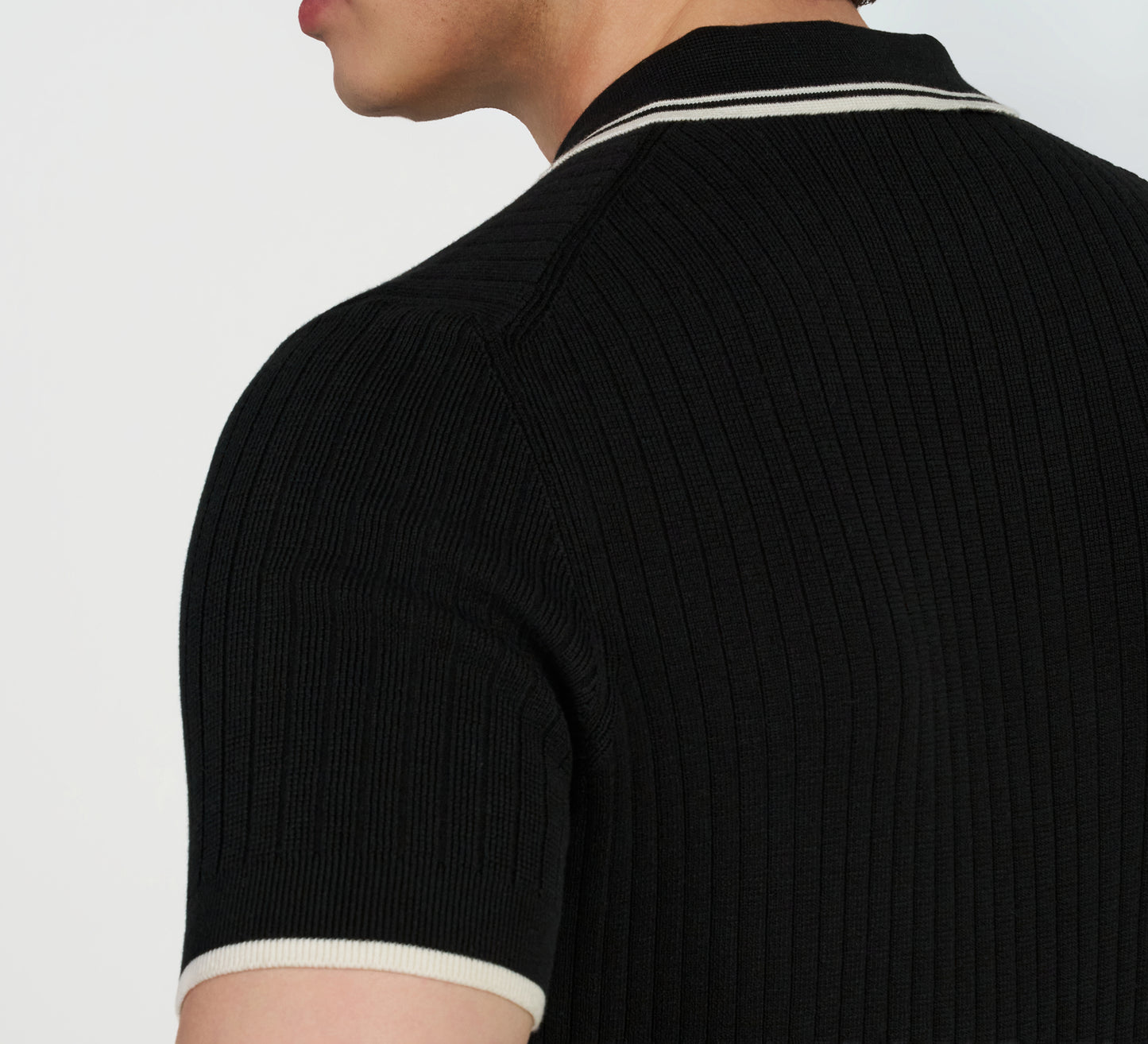 Black Ribbed Polo With Contrast Piping