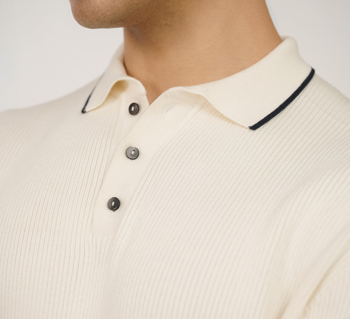 Ivory Ribbed Polo with Navy Detailing