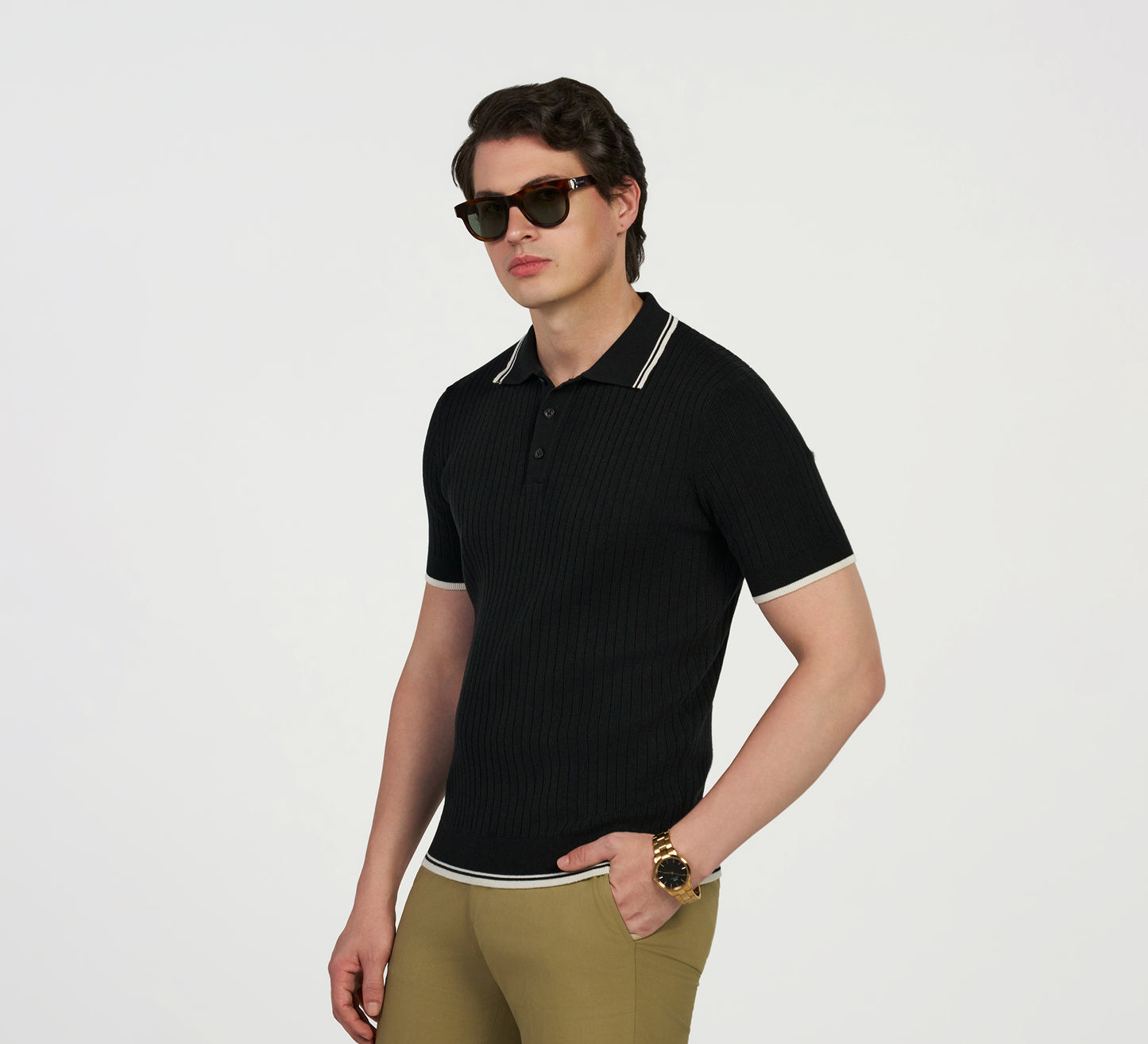 Black Ribbed Polo With Contrast Piping