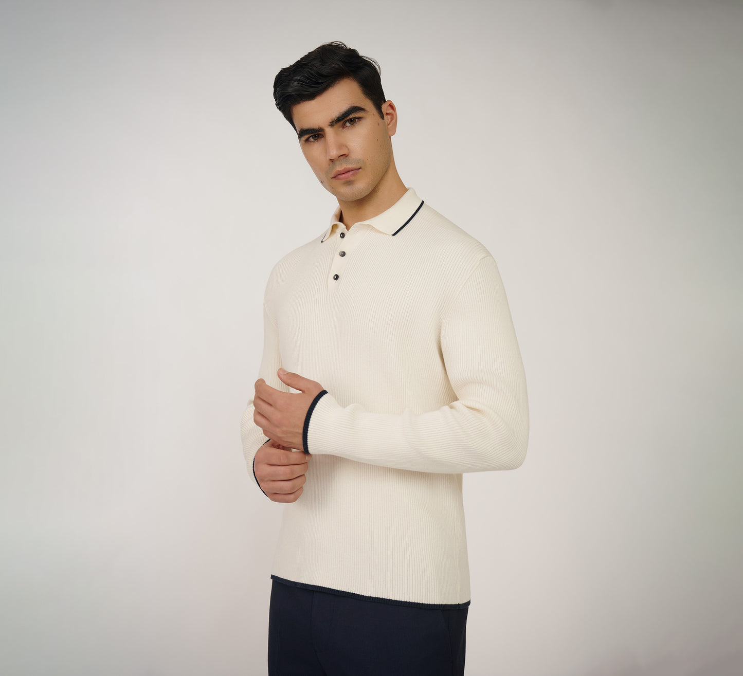 Ivory Ribbed Polo with Navy Detailing