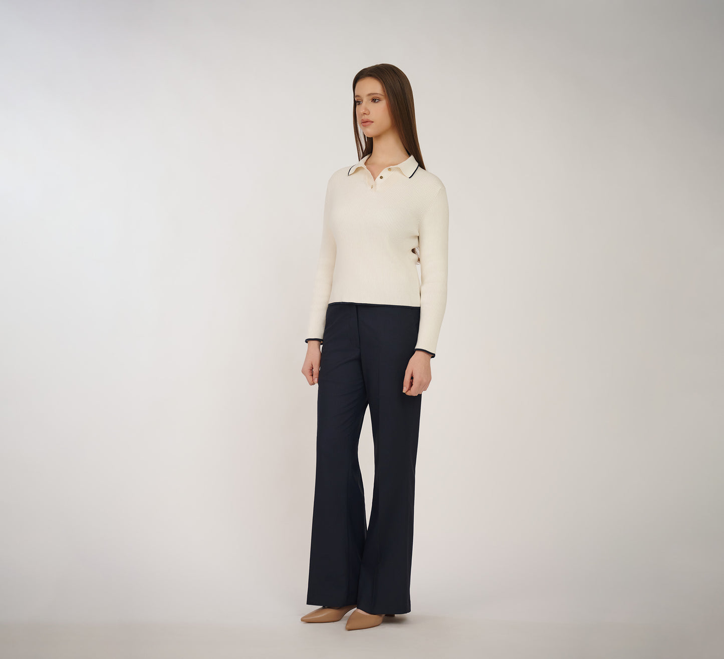Ivory Ribbed Polo with Navy Detailing