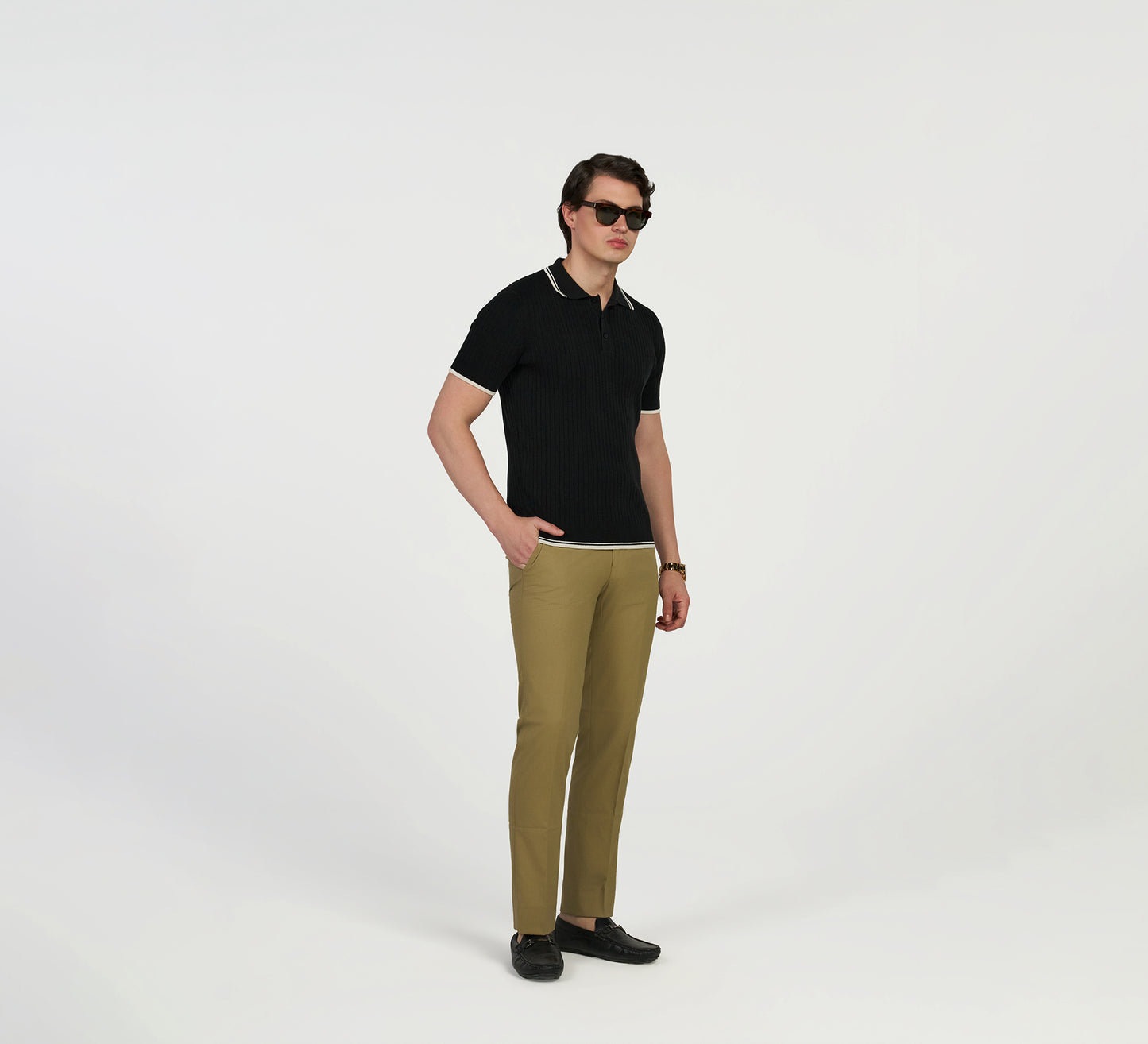 Black Ribbed Polo With Contrast Piping