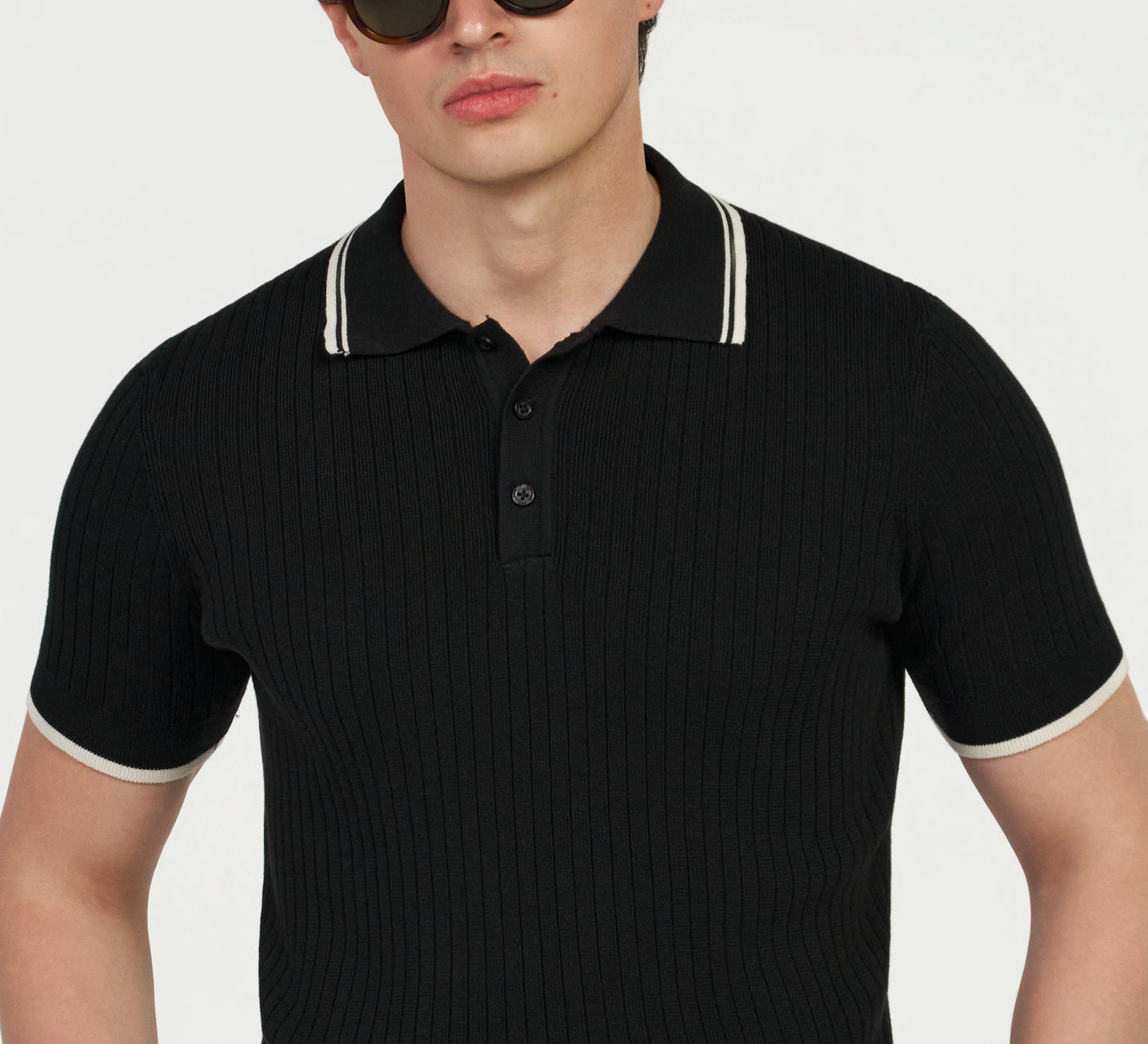 Black Ribbed Polo With Contrast Piping